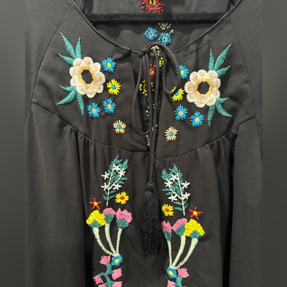 Neiman Marcus Sheer Embroidered Dress Midi Black Oversize Shift Women Large - Picture 4 of 13
